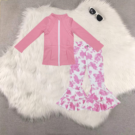 RTS NO MOQ（In Stock) GT0680+P0406 yoga pink zipper long sleeve top cow pattern denim pants sets