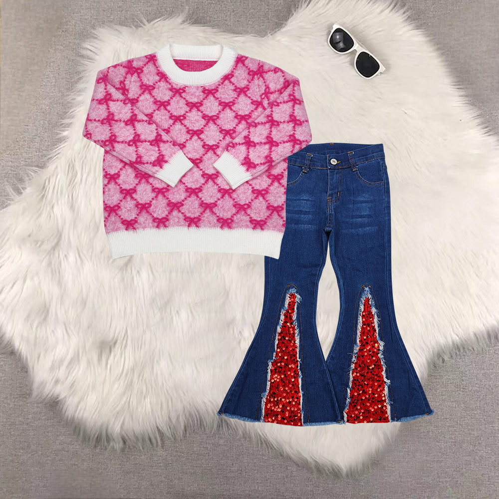 RTS NO MOQ（In Stock ) GT0686+P0532 baby girl clothes Christmas bow long-sleeved sweater denim trousers set