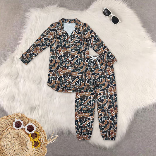 RTS NO MOQ（In Stock) GT0695+P0621 Women's brown, green, and beige camouflage long-sleeved top pants sets