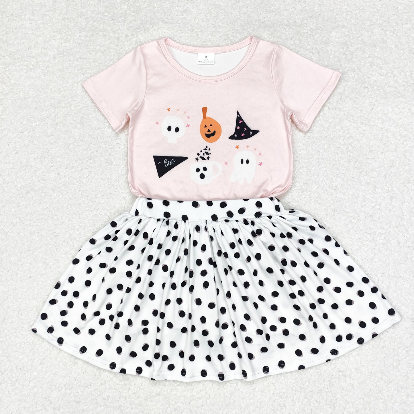 RTS NO MOQ ETA 5/7days GT0698+GLK0031 Halloween ghost pumpkin pink short-sleeved top Black polka dot white skirt sets