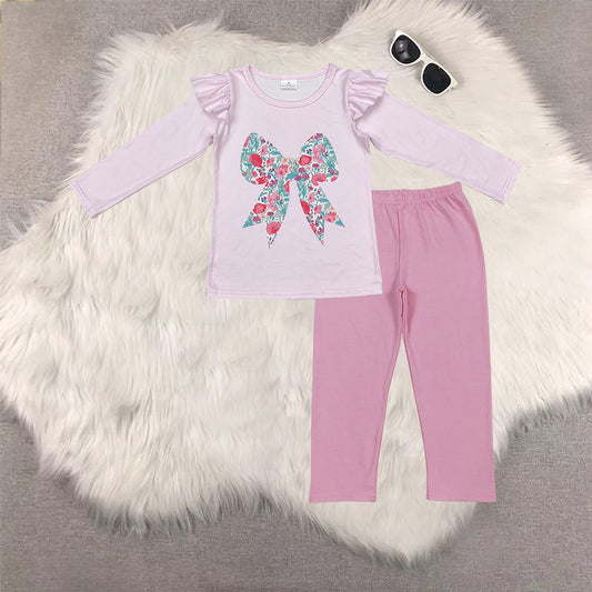 RTS NO MOQ（In Stock) GT0699+P0821 floral bow pink lace long sleeve top Solid Light Pink Trousers set