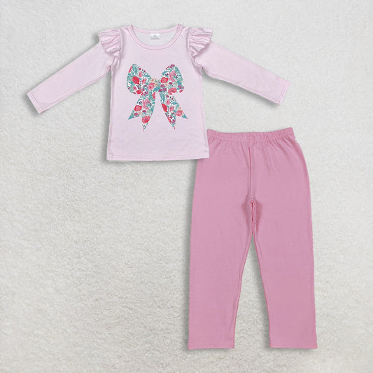 RTS NO MOQ（In Stock) GT0699+P0821 floral bow pink long sleeve top pants sets