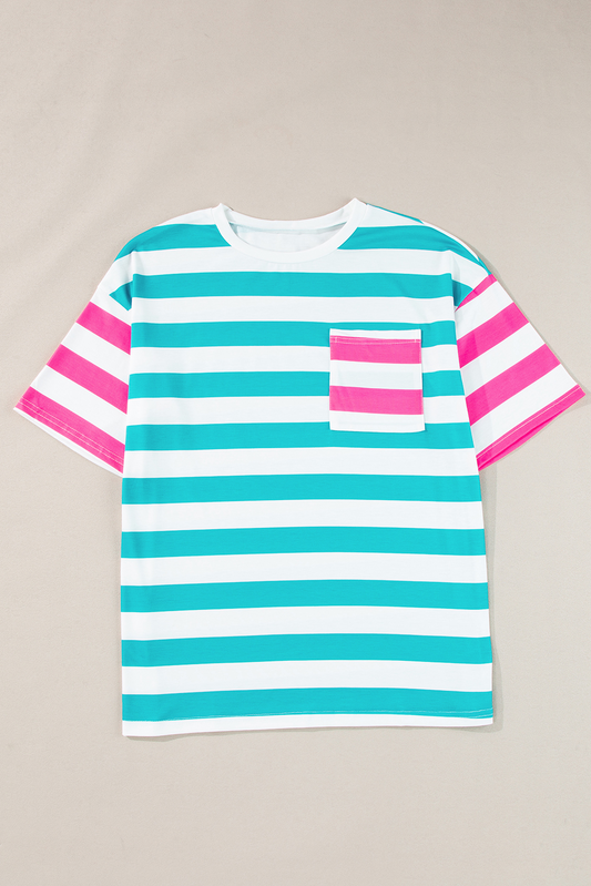 no moq GT0705 PRE-ORDER adult clothes blue pink nad white striped adult women short sleeve summer top-2024.8.8