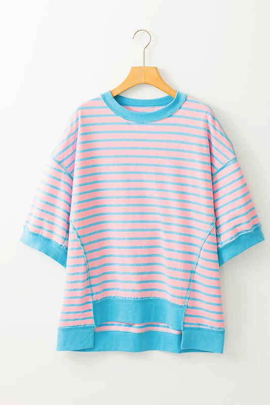 no moq GT0709 PRE-ORDER adult clothes pink blue striped adult women short sleeve summer top-2024.8.8