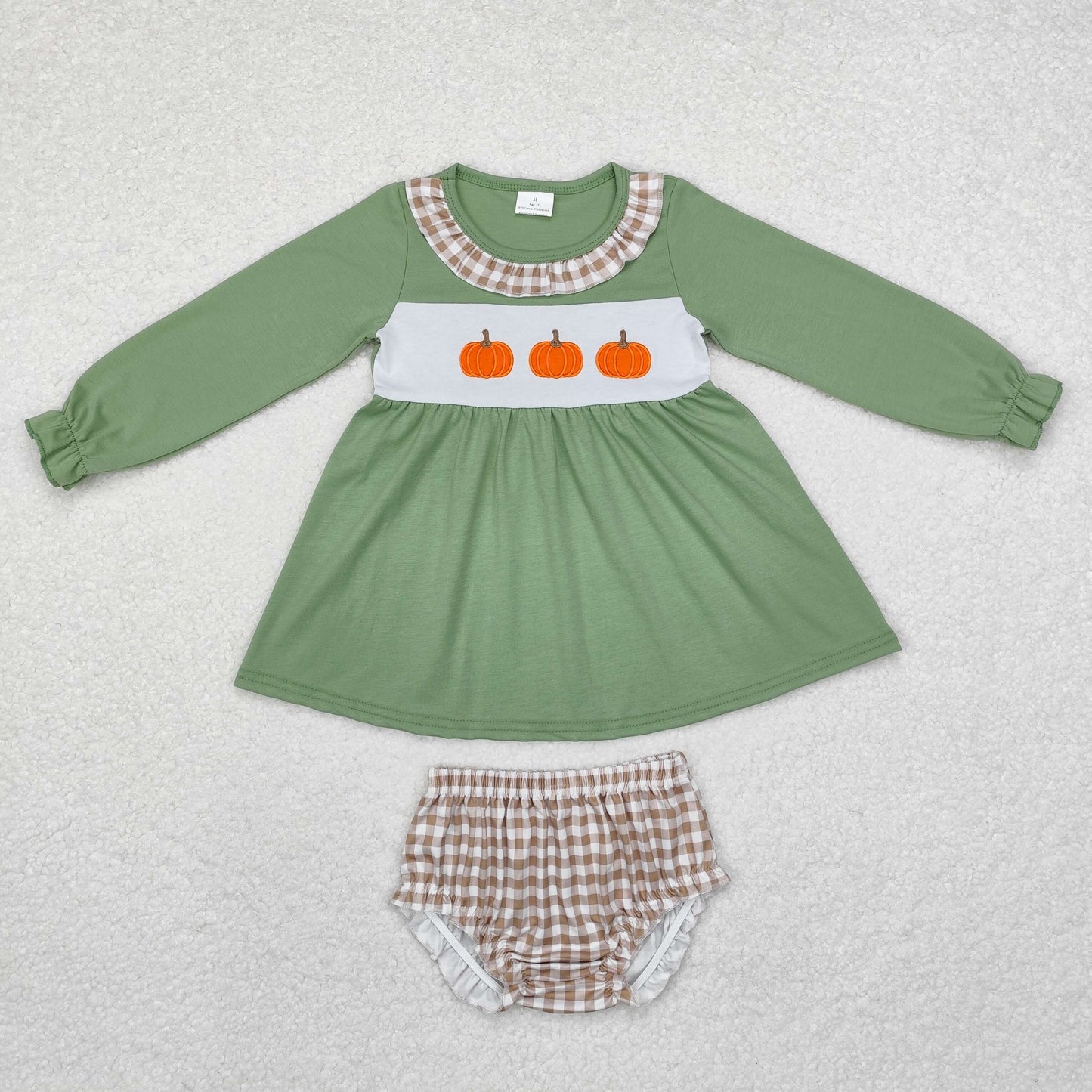 RTS no moq GT0711+SS0365 Embroidered pumpkin khaki plaid lace green long-sleeved top briefs 2 pieces suit