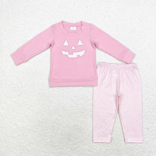 rts no moq GT0717+P0625 Halloween embroidery devil's smile pink long-sleeved top Pink striped pants sets