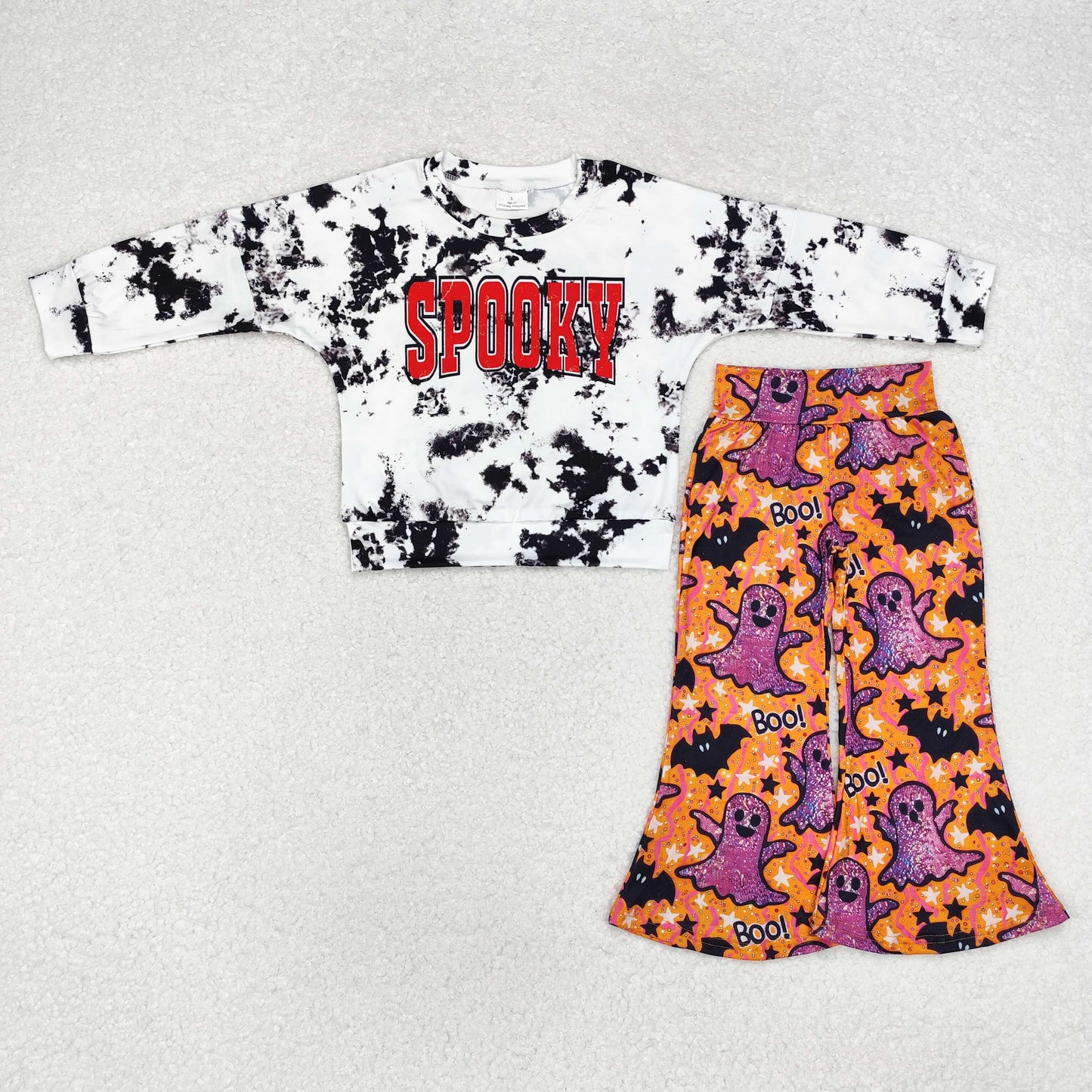 RTS NO MOQ ETA 5/7days GT0718+P0609 SPOOKY Halloween black and white ink long sleeve top purple ghost black bat pattern orange trousers sets