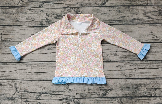 No moq GT0722 pre-order toddler girls clothes floral blue long Sleeve Top