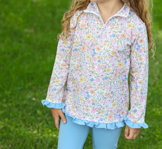 No moq GT0722 pre-order toddler girls clothes floral blue long Sleeve Top 2024.8.1