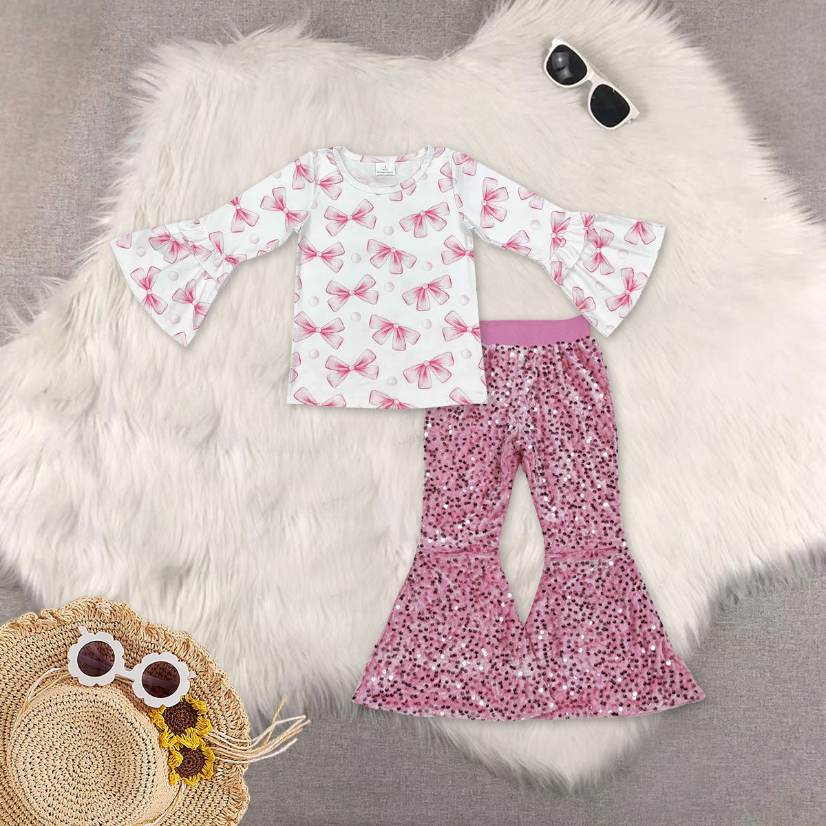 RTS NO MOQ Sibling baby girl clothes yoga bow floral long sleeved top pink sequined pants sets 5