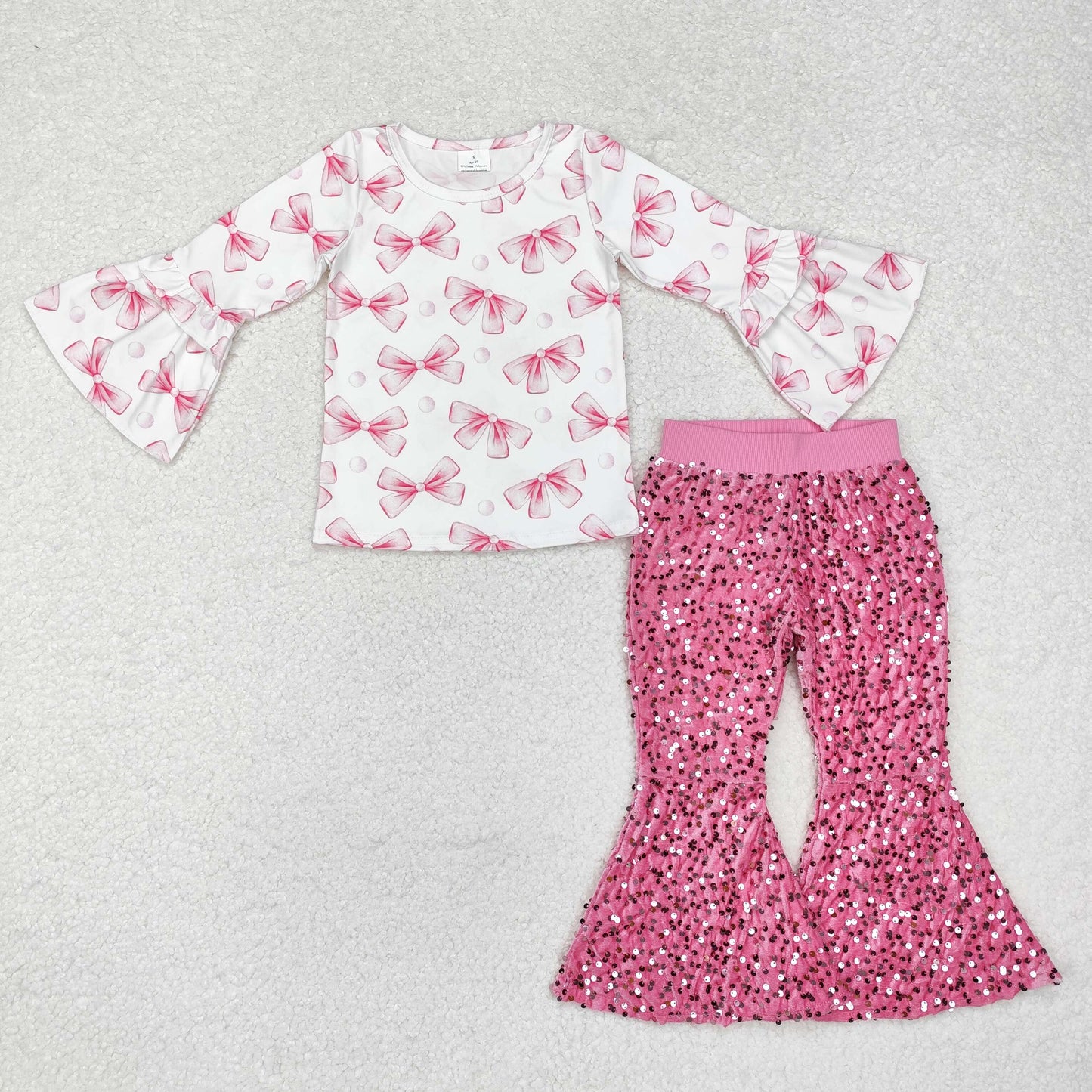 RTS NO MOQ ETA 5/7days Arrived GT0779+D5-27 Bow pattern lace white long-sleeved top Sequin Bell Pants Clothes Sets