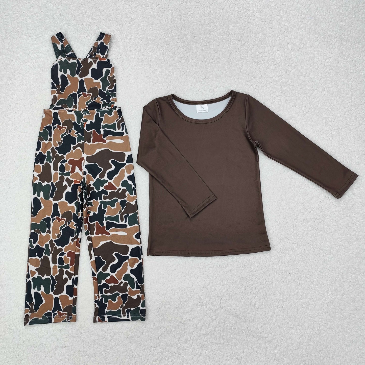 RTS NO MOQ ETA 5/7days Arrived GT0798+SR1988 Solid dark brown long-sleeved top Camouflage beige suspender jumpsuit sets