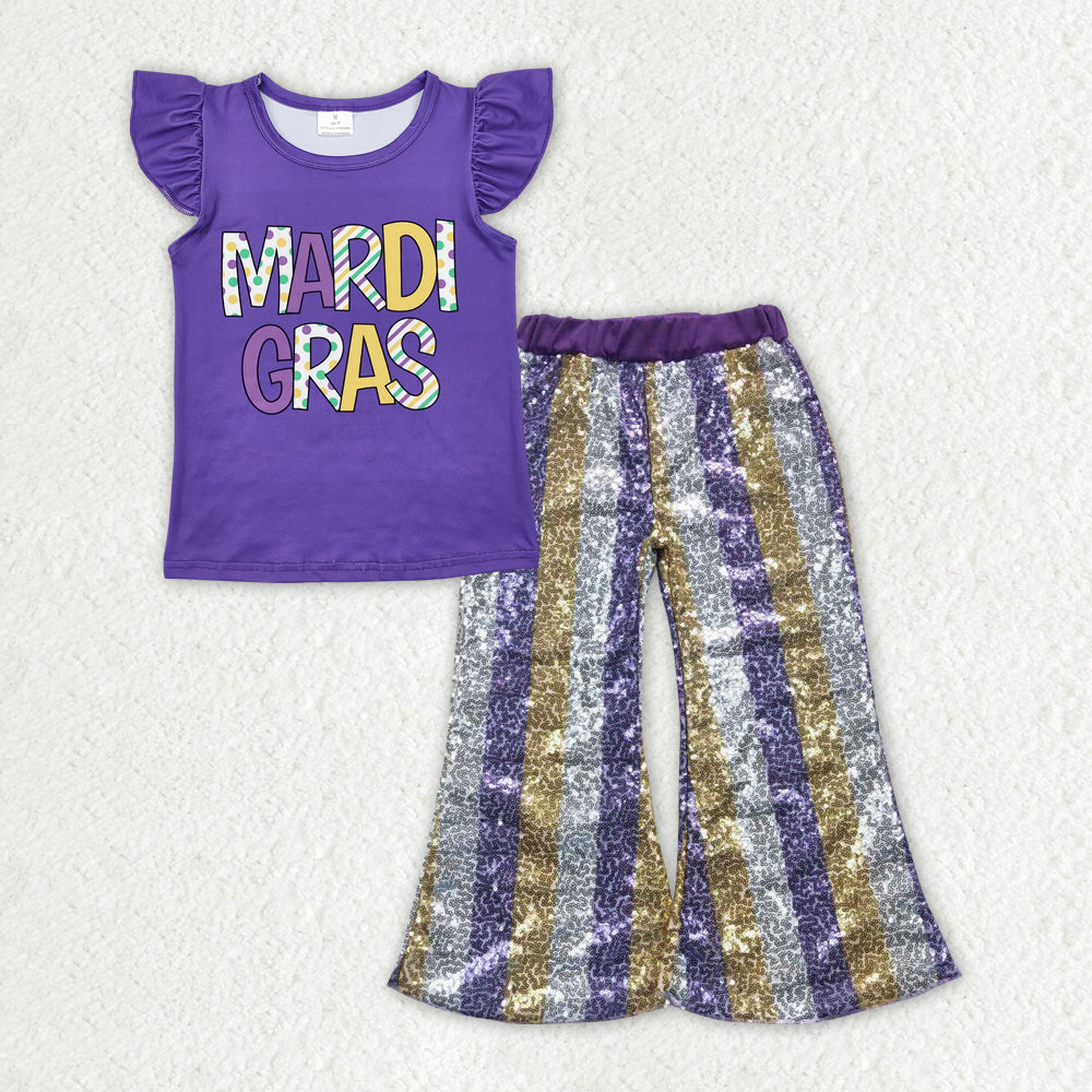 RTS NO MOQ ETA 5/7days Arrived GT0814+P0276 mardi gras letter flying sleeve top Purple gold and white striped sequined trousers sets