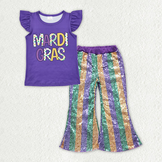 RTS NO MOQ ETA 5/7days Arrived GT0814+P0277 mardi gras letter flying sleeve top Purple green and gold striped sequined trousers sets