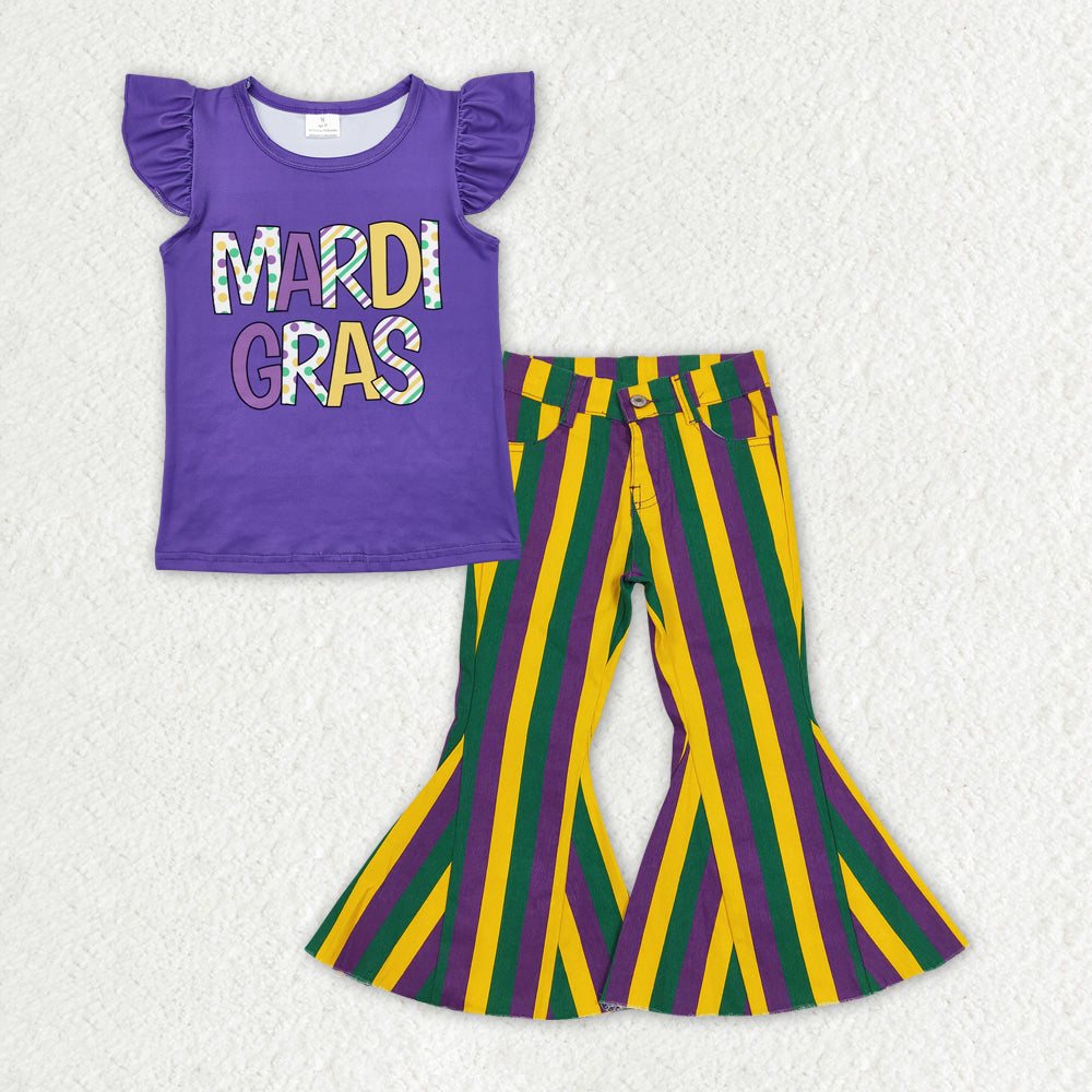 RTS NO MOQ ETA 5/7days Arrived GT0814+P0327 Mardi gras flying sleeve top Purple green and gold striped denim trousers sets