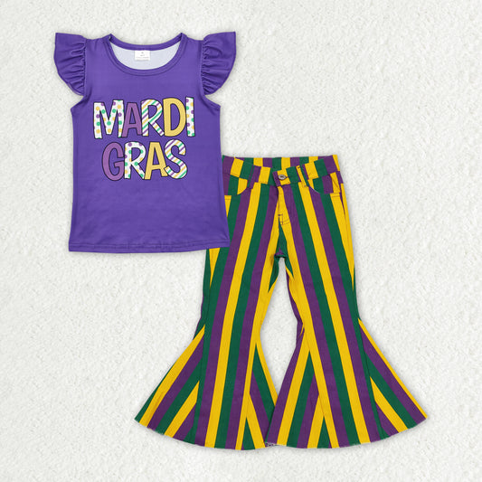RTS NO MOQ ETA 5/7days Arrived GT0814+P0327 Mardi gras flying sleeve top Purple green and gold striped denim trousers sets