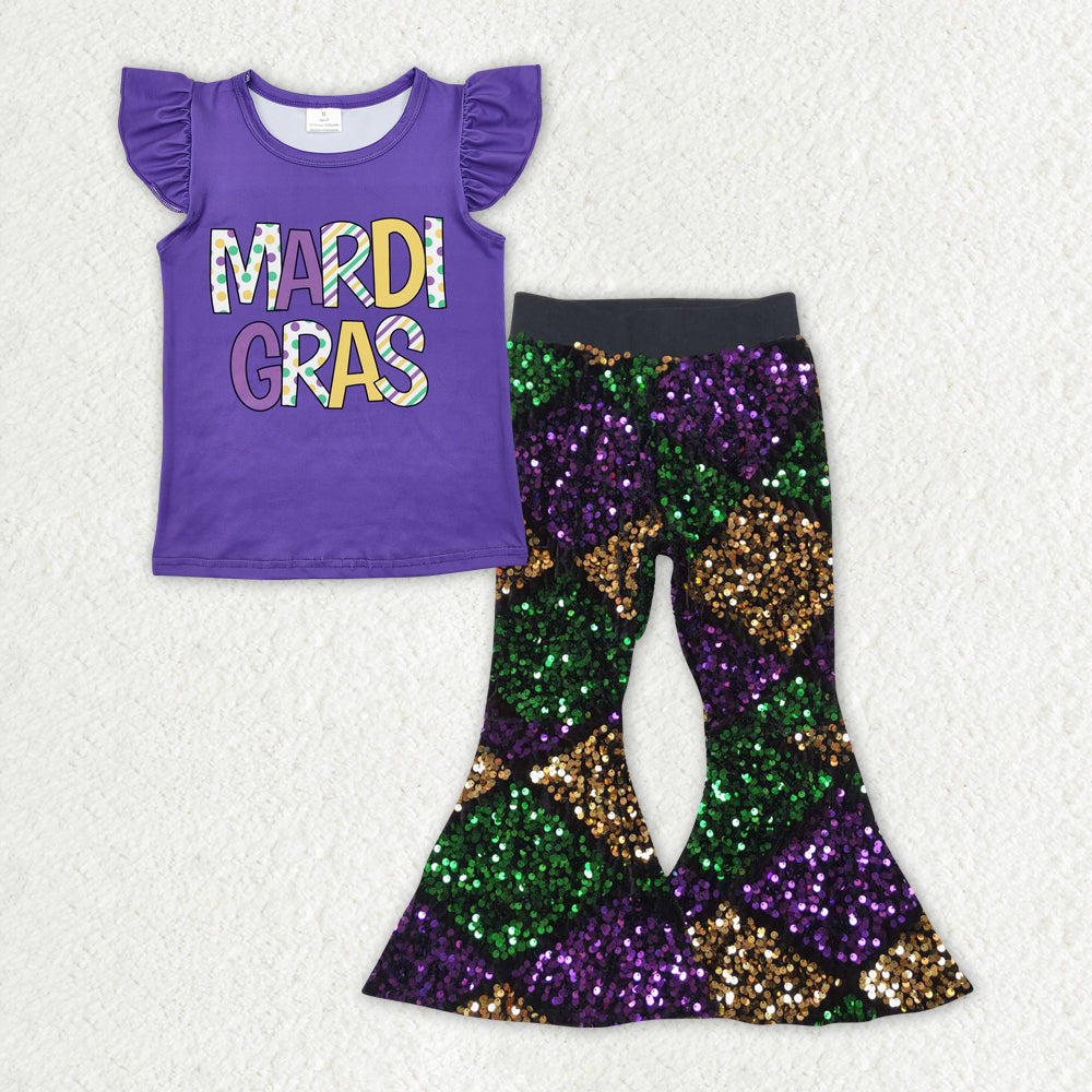 RTS NO MOQ ETA 5/7days Arrived GT0814+P0359 mardi gras letter flying sleeve top Purple, yellow and green diamond plaid sequined pants sets