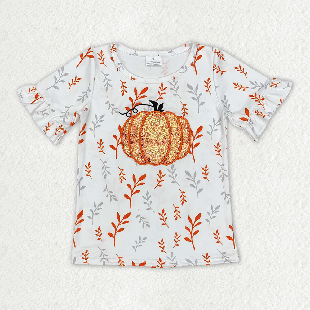 RTS NO MOQ ETA 5/7days GT0824 Embroidered pumpkin pattern short-sleeved top