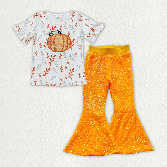 NO MOQ SALE GT0824+P0149 Pumpkin sequined white short-sleeved top Bright orange sequined trousers set