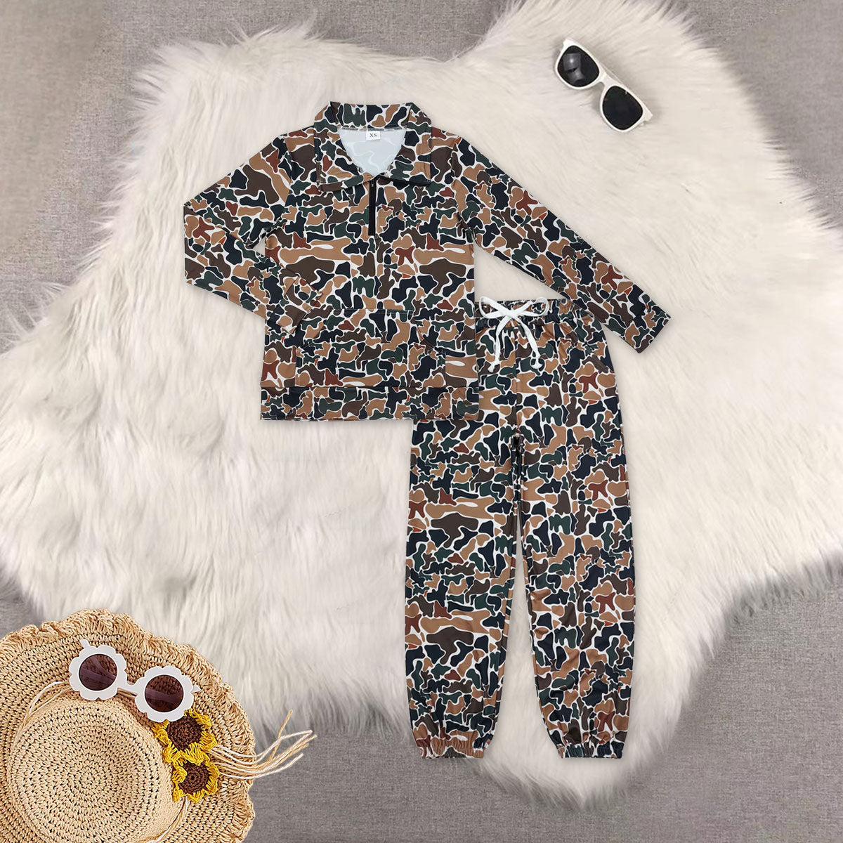 RTS NO MOQ（In Stock) GT0829+P0621 Women's brown, green, and beige camouflage long-sleeved top pants sets