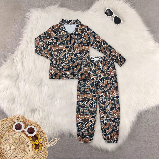 RTS NO MOQ（In Stock) GT0829+P0621 Women's brown, green, and beige camouflage long-sleeved top pants sets