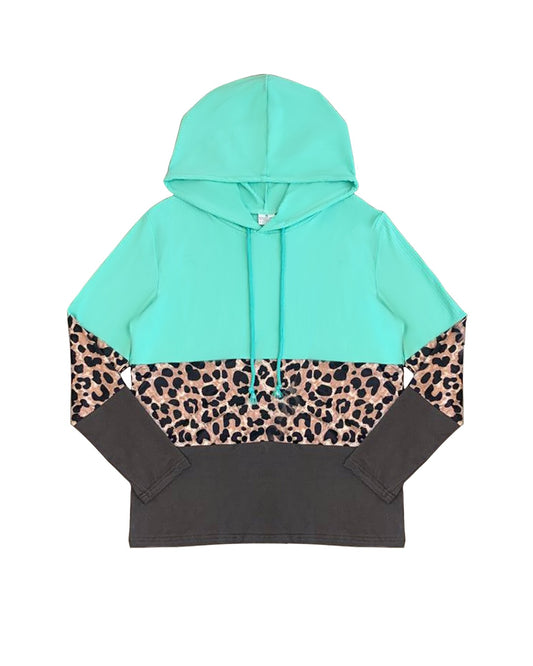 NO MOQ GT0845 pre-order Adult Women leopard teal hooded long sleeve Tops -2024.10.9