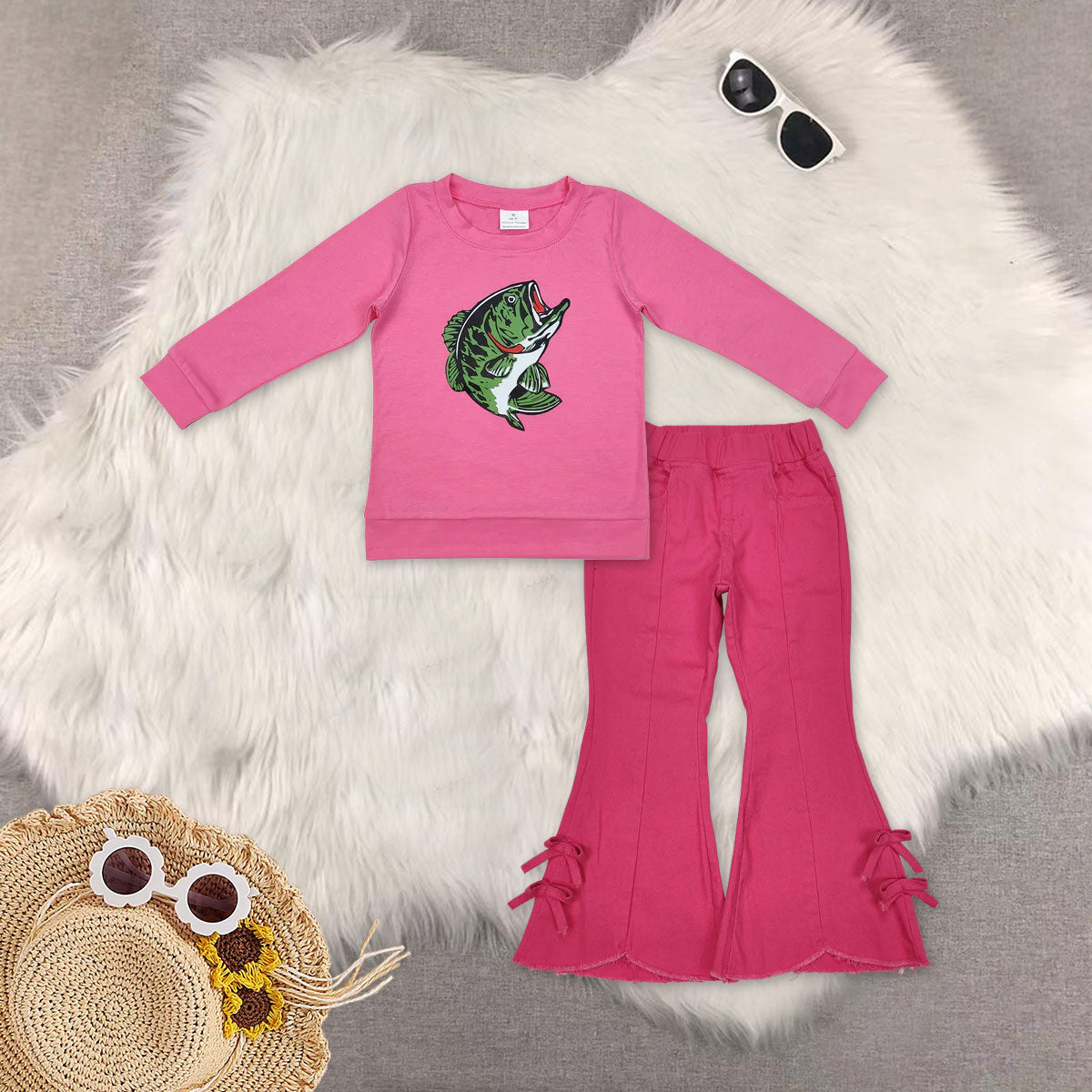 RTS NO MOQ（In Stock) GT0870+P0731 fishing long sleeve top tassel elastic waist denim pants sets