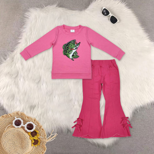 RTS NO MOQ（In Stock) GT0870+P0731 fishing long sleeve top tassel elastic waist denim pants sets