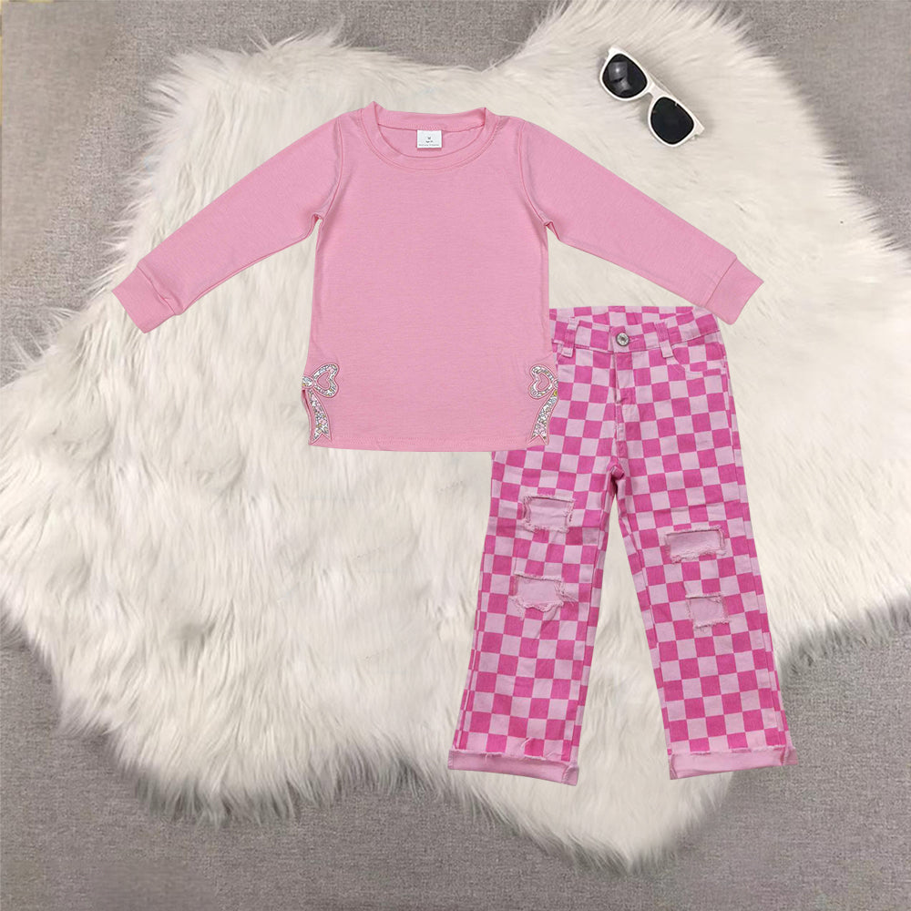 RTS NO MOQ（In Stock ) GT0872+P0096 embroidery bow long sleeve top denim pants sets