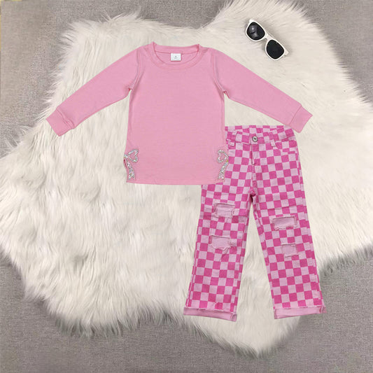 RTS NO MOQ（In Stock ) GT0872+P0096 embroidery bow long sleeve top denim pants sets