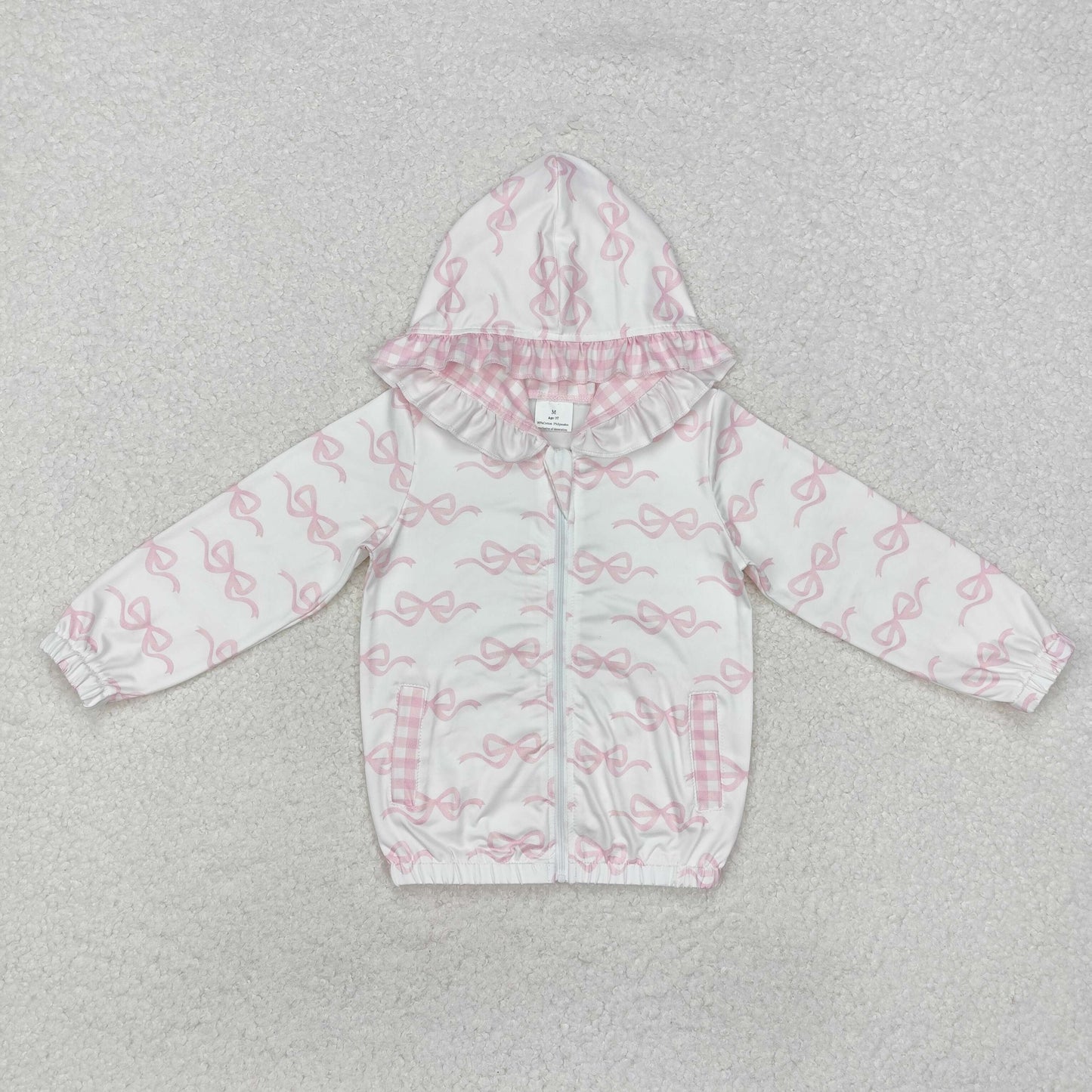 RTS NO MOQ ETA 5/7days Arrived GT0873 Bow pattern pink and white plaid zipper hooded long-sleeved top