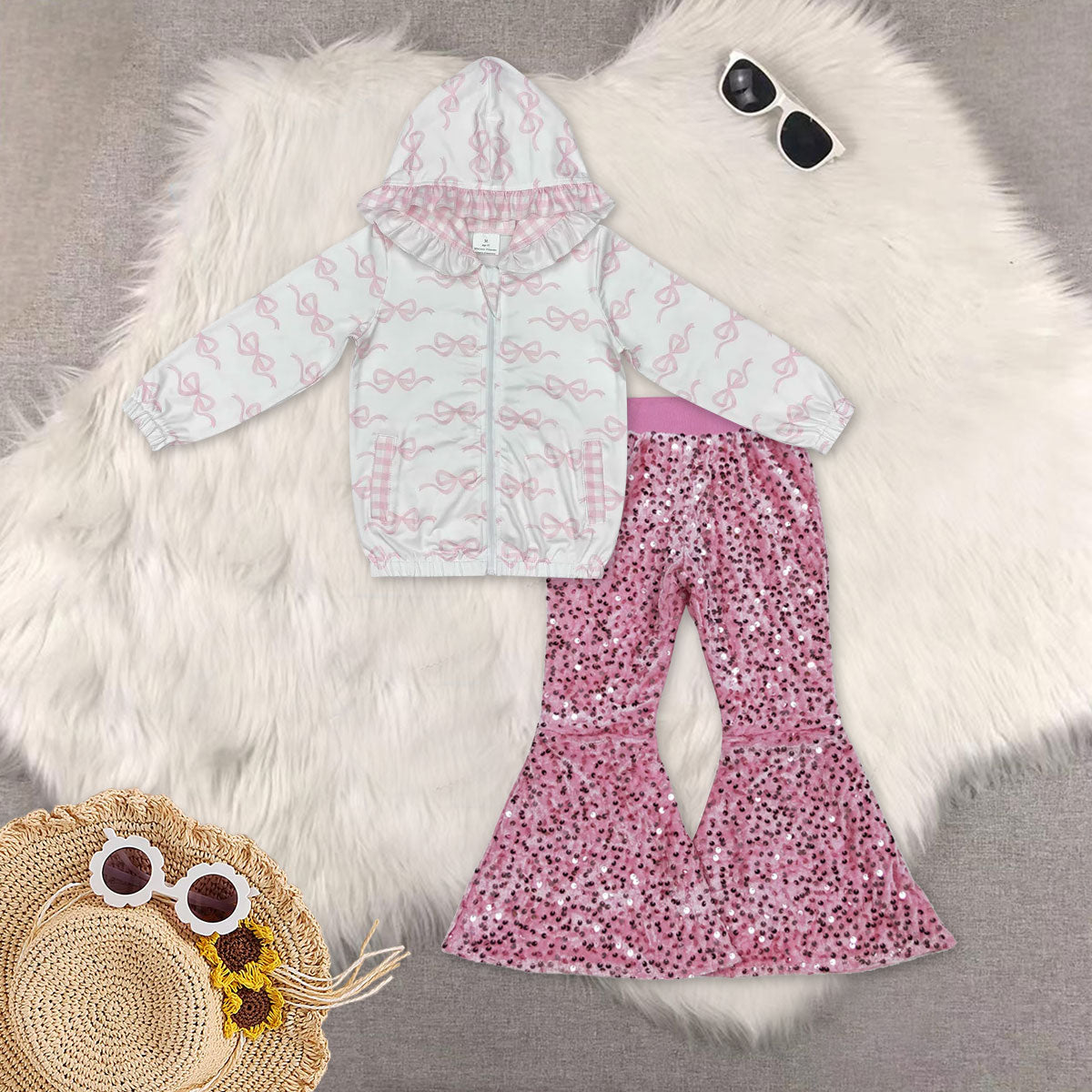 RTS NO MOQ Sibling baby girl clothes yoga bow floral long sleeved top pink sequined pants sets 5