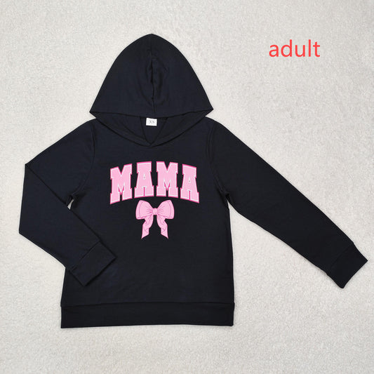 RTS NO MOQ ETA 5/7days Arrived GT0901 Offset mama letter pink bow pattern black hooded long-sleeved top