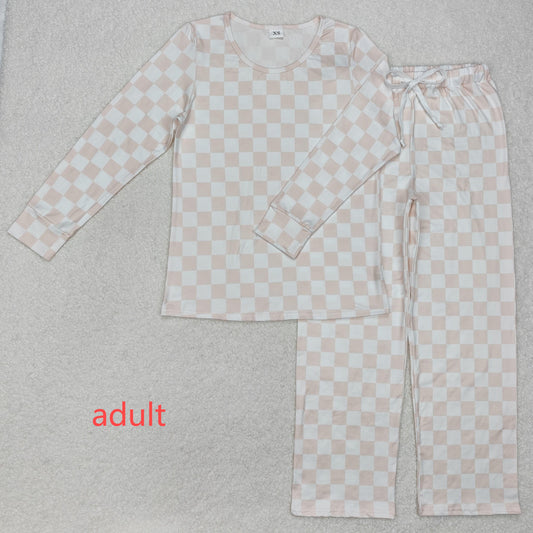 RTS NO MOQ ETA 5/7days Arrived GT0906+P0730 Adult female light orange plaid long-sleeved top trousers sets