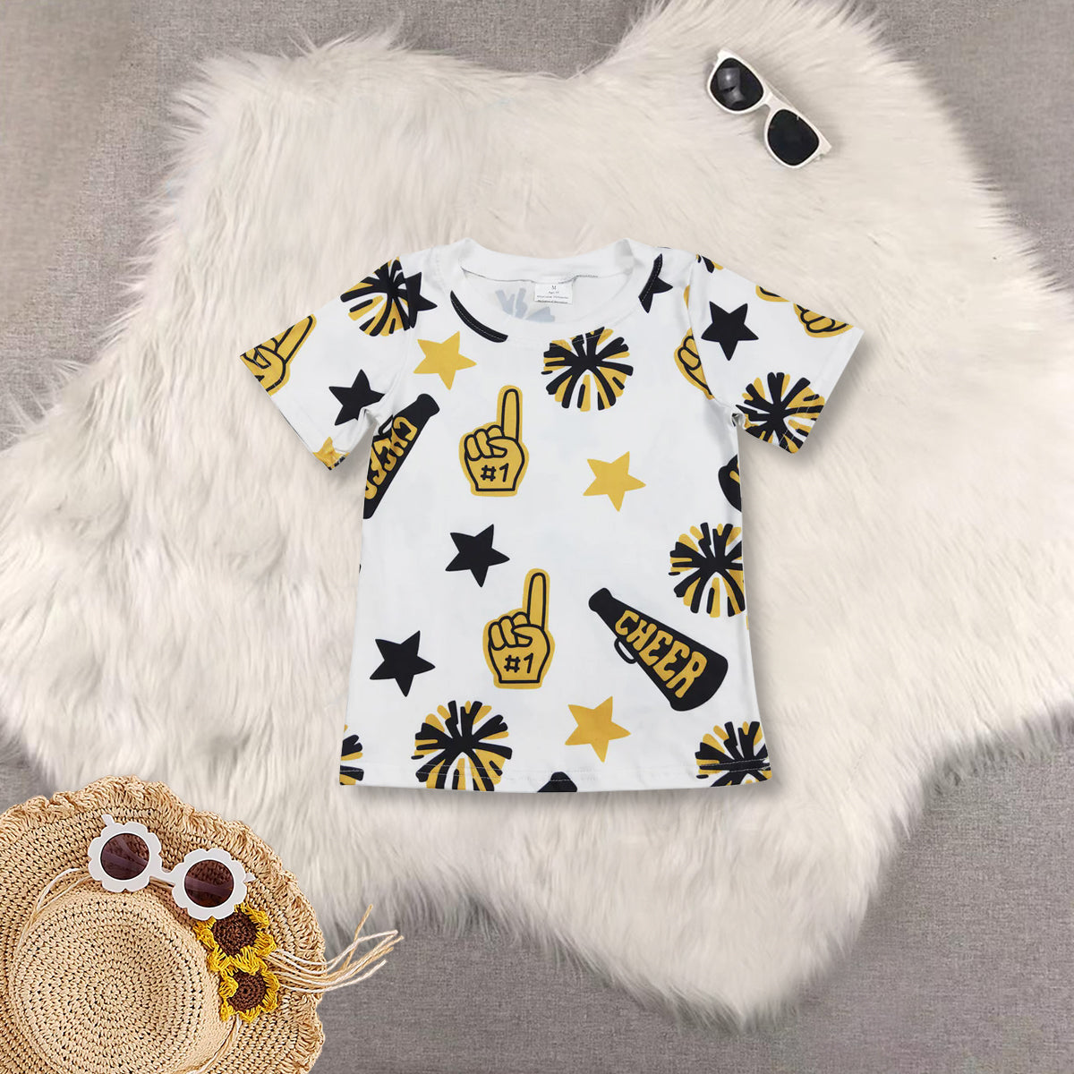 RTS NO MOQ Sibling baby girl clothes cheer short sleeve top and jeand pants