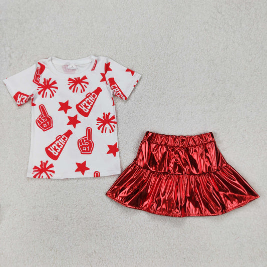 RTS NO MOQ ETA 5/7days Arrived GT0940+GLK0041 Cheer red fireworks star white short-sleeved top Shiny leather red pants skirt sets