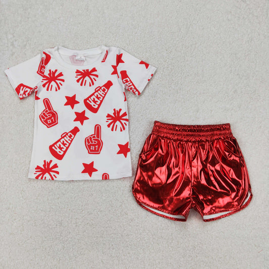 RTS NO MOQ ETA 5/7days Arrived GT0940+SS0415 Cheer red fireworks star white short-sleeved top Shiny leather red shorts sets