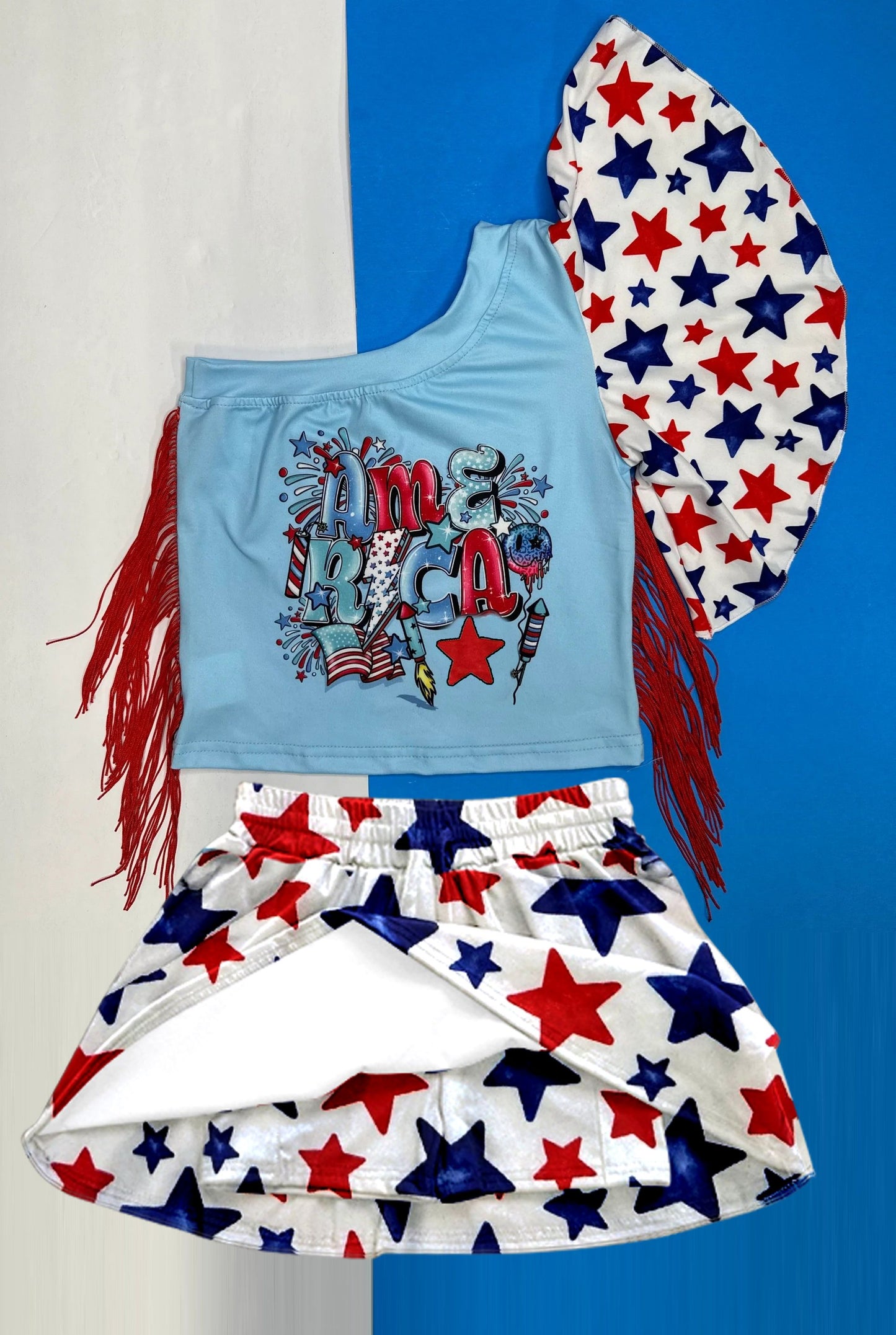RTS NO MOQ GT0942+GLK0055 National Day Red Tassel Star One Shoulder Top Blue Star White Pants Skirt set