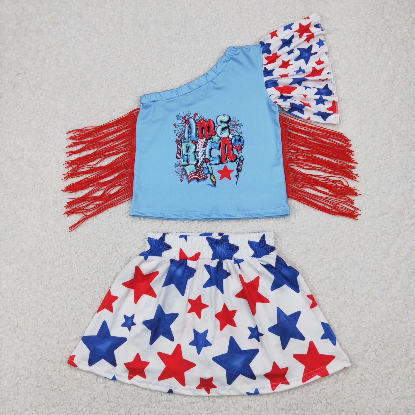 RTS NO MOQ GT0942+GLK0055 National Day Red Tassel Star One Shoulder Top Blue Star White Pants Skirt set