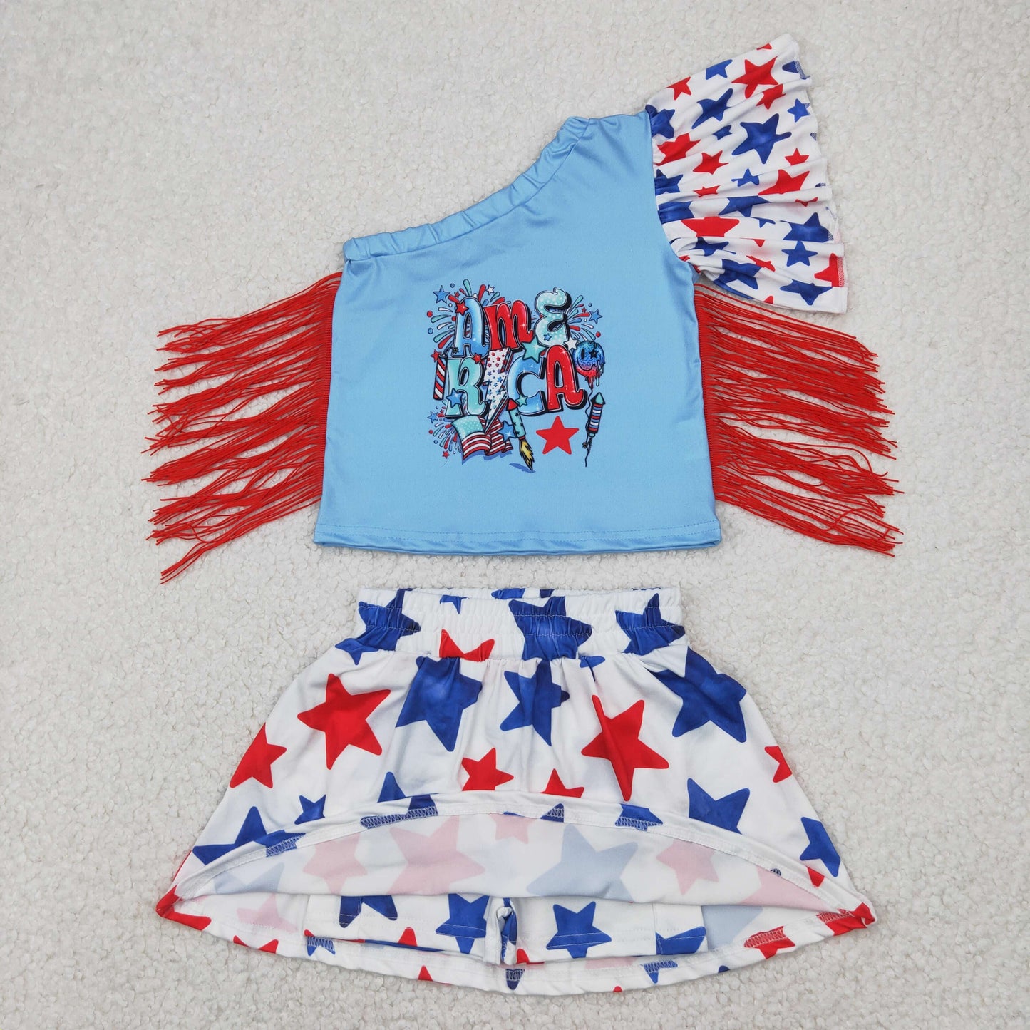 RTS NO MOQ GT0942+GLK0055 National Day Red Tassel Star One Shoulder Top Blue Star White Pants Skirt set
