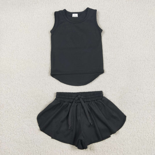 RTS NO MOQ GT0987+SS0551 Pure black sleeveless vest yoga top shorts sets