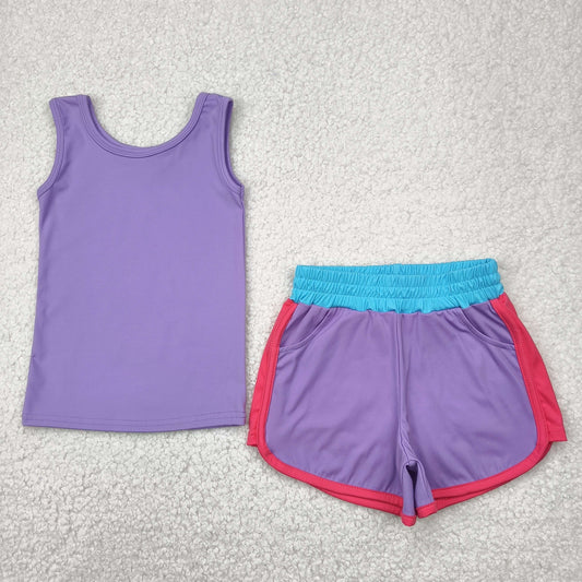 RTS NO MOQ GT0990+SS0555 Pure purple sleeveless yoga vest Pure blue, purple and red contrast yoga shorts sets