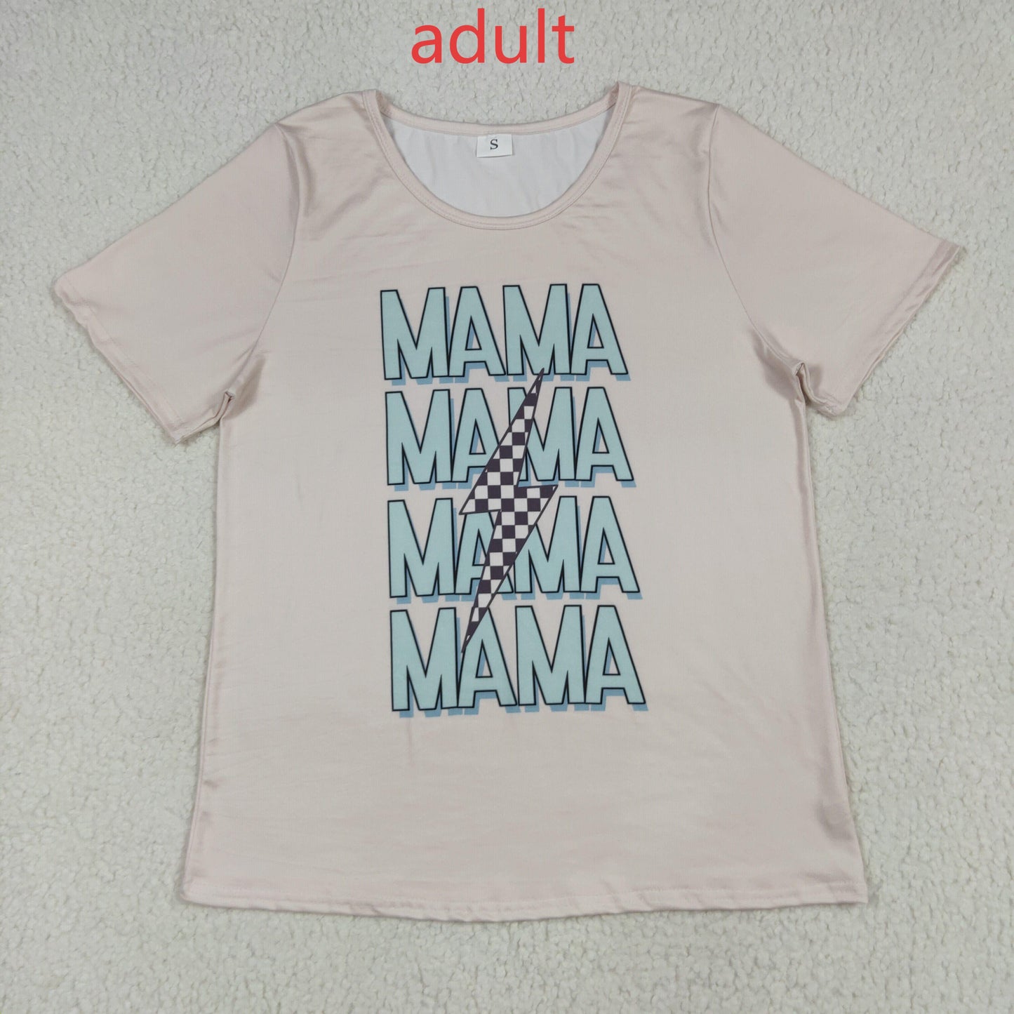 RTS NO MOQ（In Stock ) GT1019 Adult female mama black and white checkered lightning beige short-sleeved top