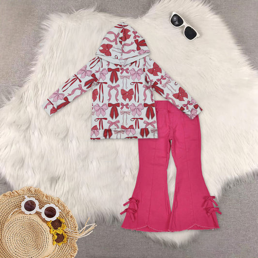 RTS NO MOQ（In Stock) GT1059+P0731 bow hooded long sleeve top tassel elastic waist denim pants sets