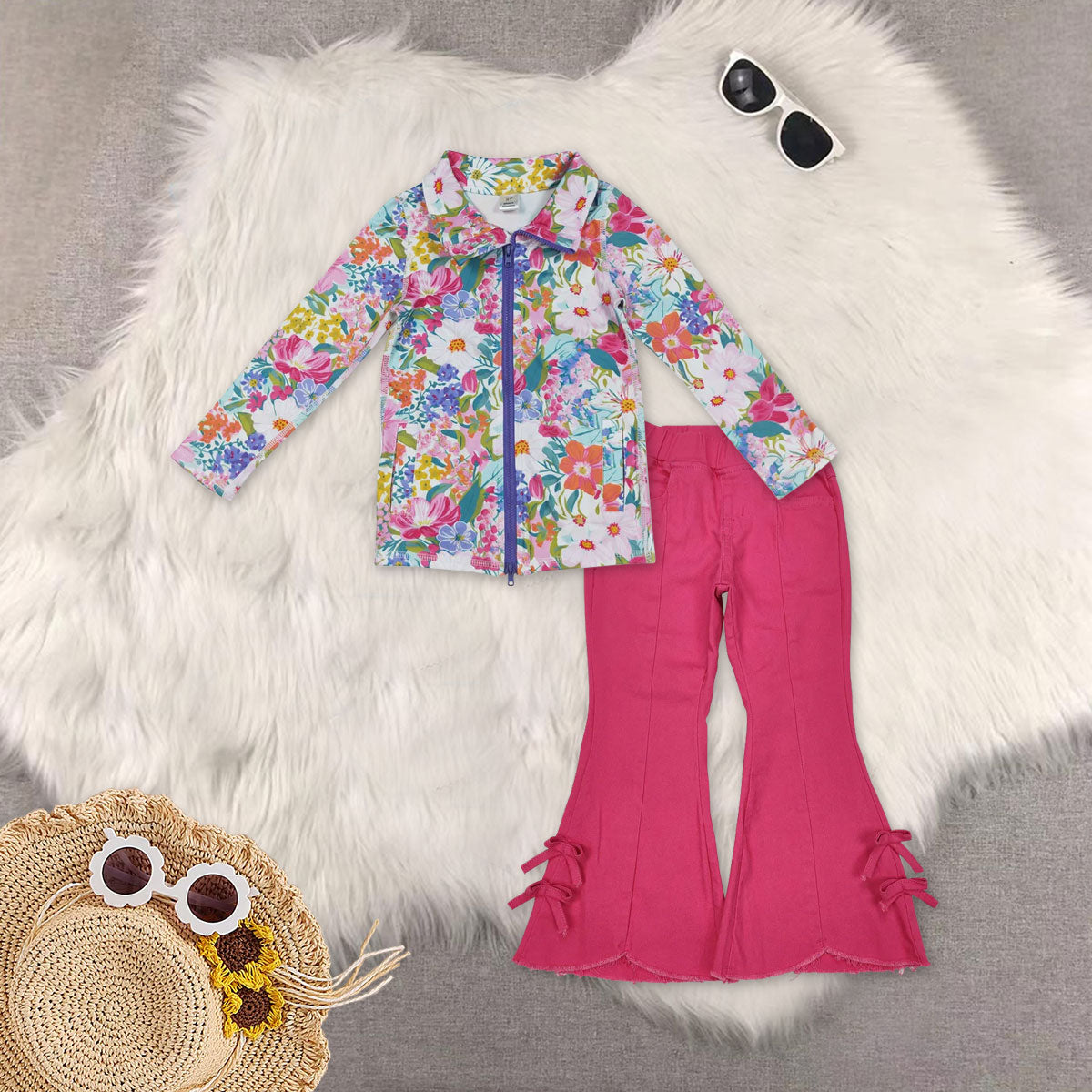 12/18m-8/9t RTS NO MOQ（In Stock) GT1061+P0731 yoga floral zipper long sleeve top tassel elastic waist denim pants sets