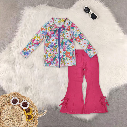 12/18m-8/9t RTS NO MOQ（In Stock) GT1061+P0731 yoga floral zipper long sleeve top tassel elastic waist denim pants sets