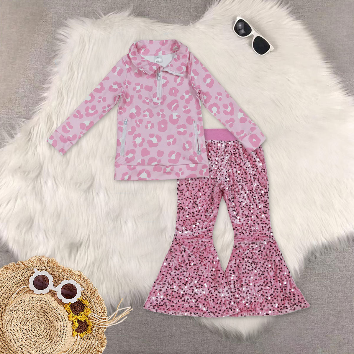 RTS NO MOQ Sibling baby girl clothes yoga bow floral long sleeved top pink sequined pants sets 5