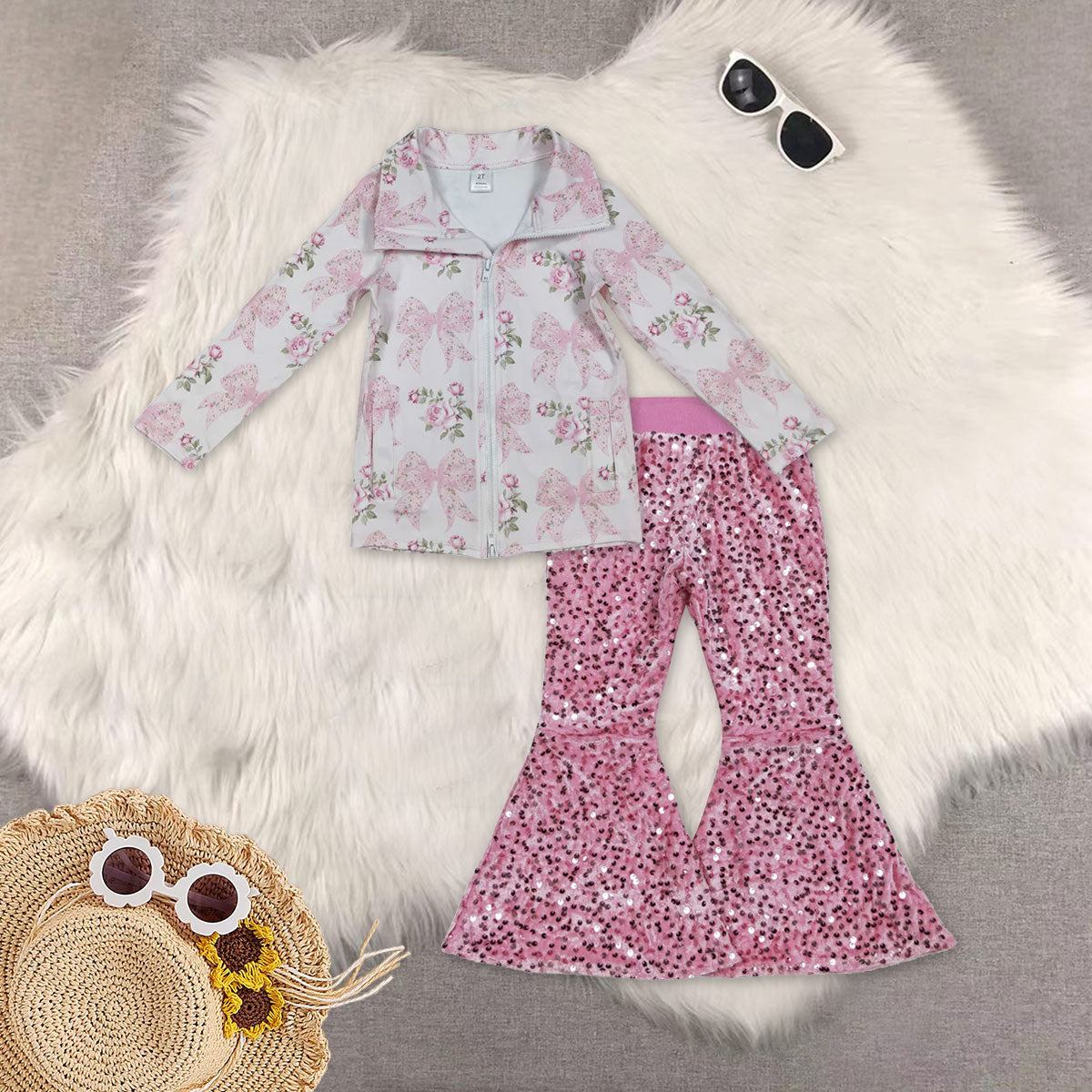 RTS NO MOQ Sibling baby girl clothes yoga bow floral long sleeved top pink sequined pants sets 5