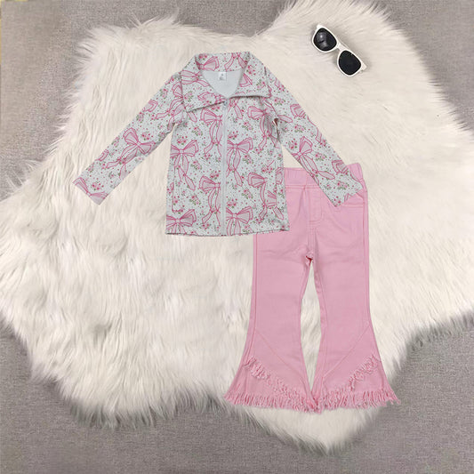 RTS NO MOQ（In Stock) GT1082+P0463 yoga floral bow zipper long sleeve top Pink tassel elastic waist denim pants sets