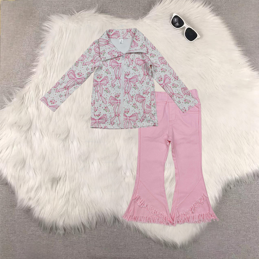 RTS NO MOQ Sibling baby girl clothes yoga rugby bow zipper long sleeve top Pink tassel elastic waist denim pants sets 5